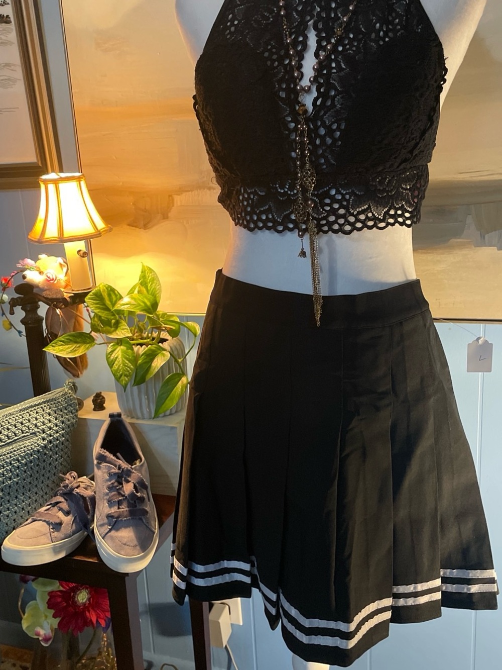 Chic Black Pleated Skater Skirt with White Stripe Hem